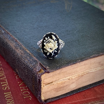 Black Rose Cameo Ring in Antique Brass or Silver