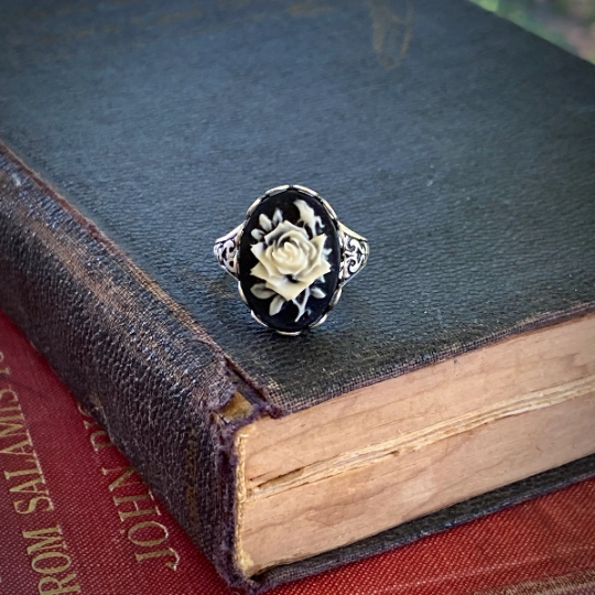 Black Rose Cameo Ring in Antique Brass or Silver