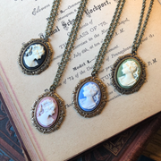 Cameo Lady Necklace in Vintage Style - Pick Green, Blue, Black, or Pink