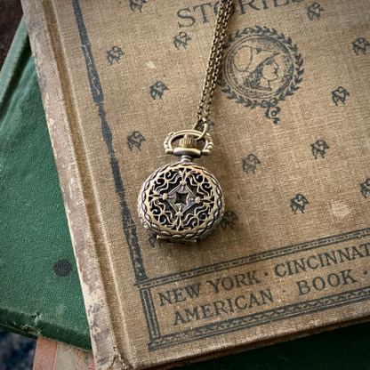 Vintage Scrollwork Style Pocket Watch Necklace in Brass