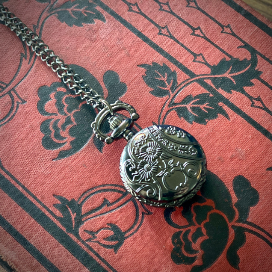 Black Gunmetal Rose Pocket Watch Necklace