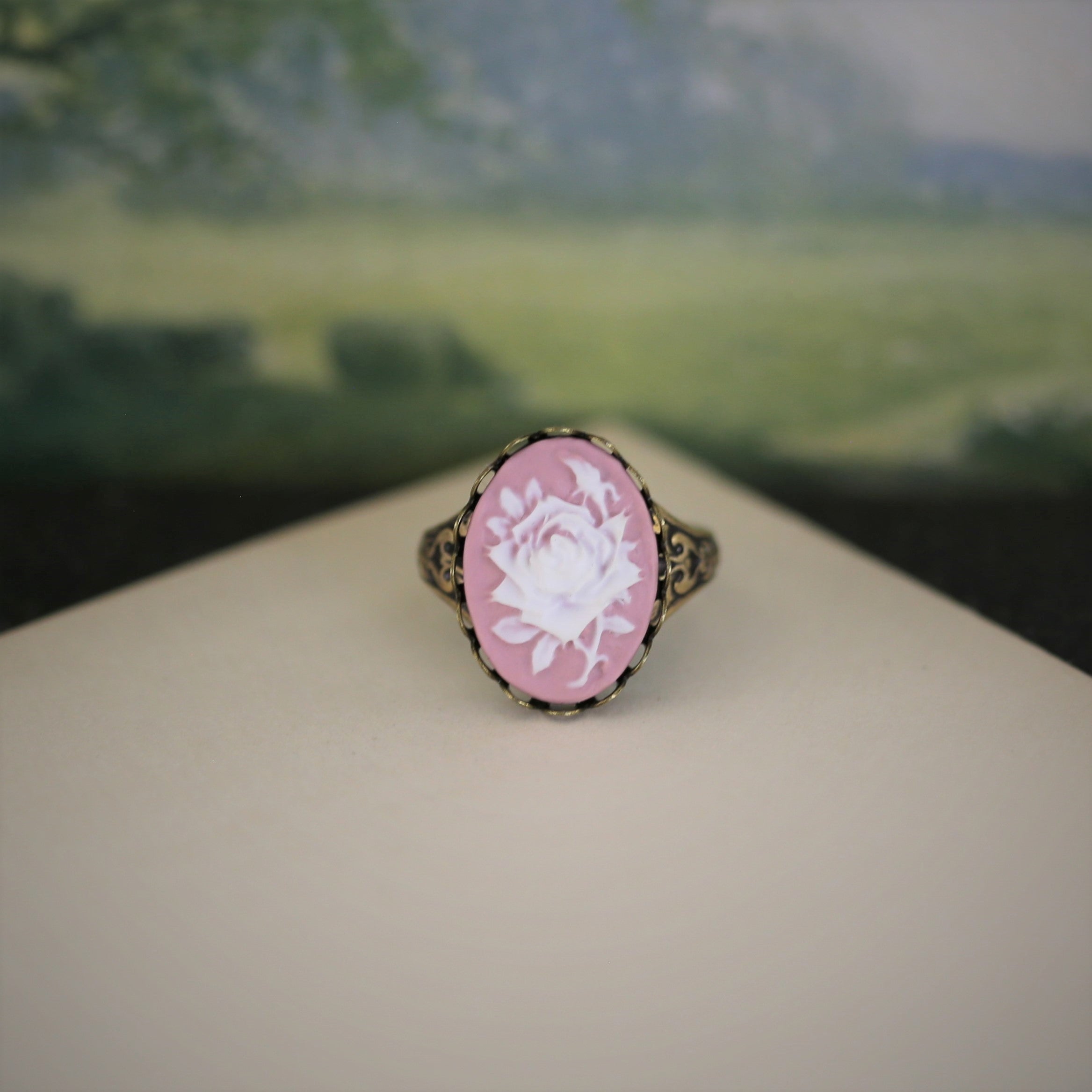 Pink Rose Cameo Ring in Antiqued Brass or Antiqued Silver