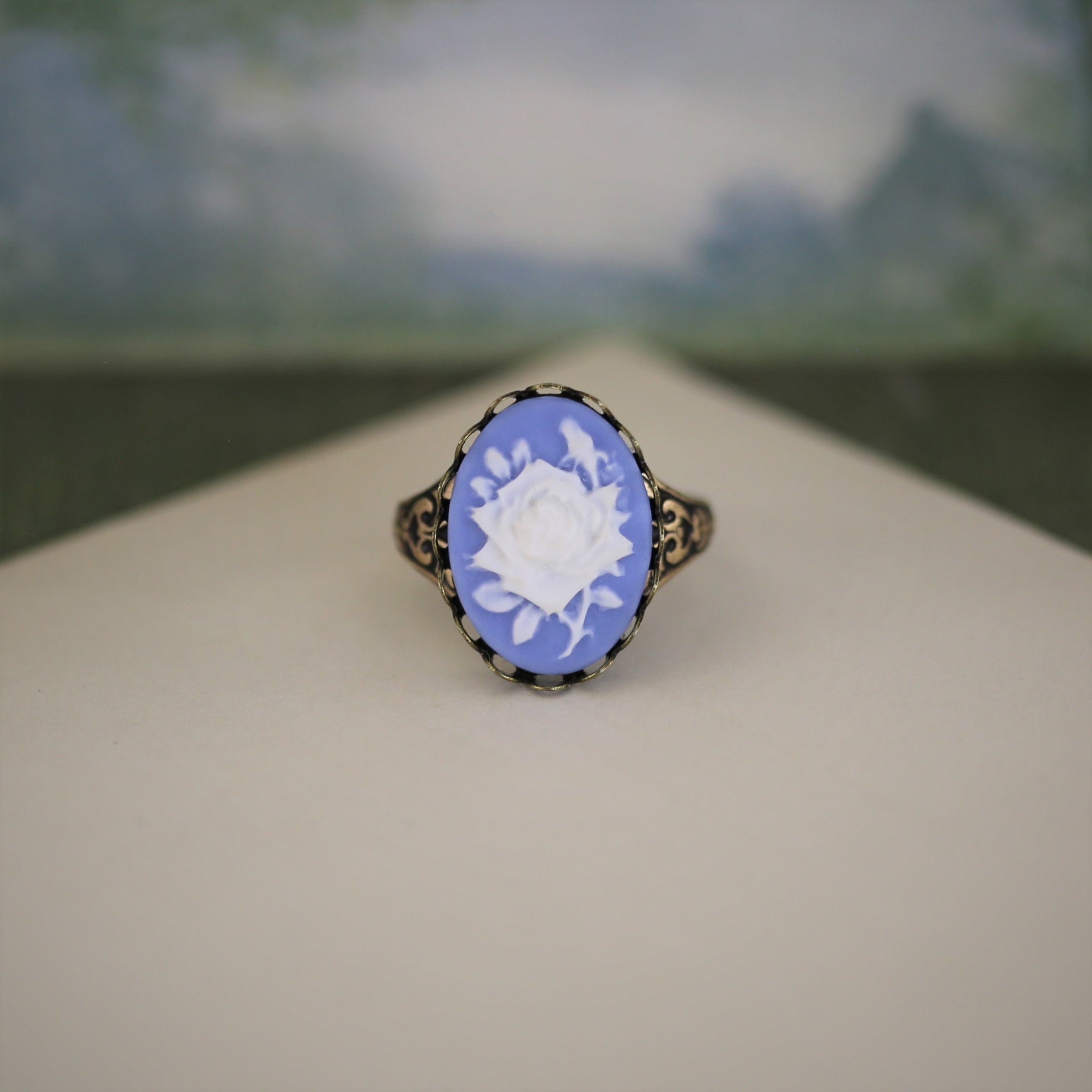 Blue Rose Cameo Ring in Antiqued Silver or Brass