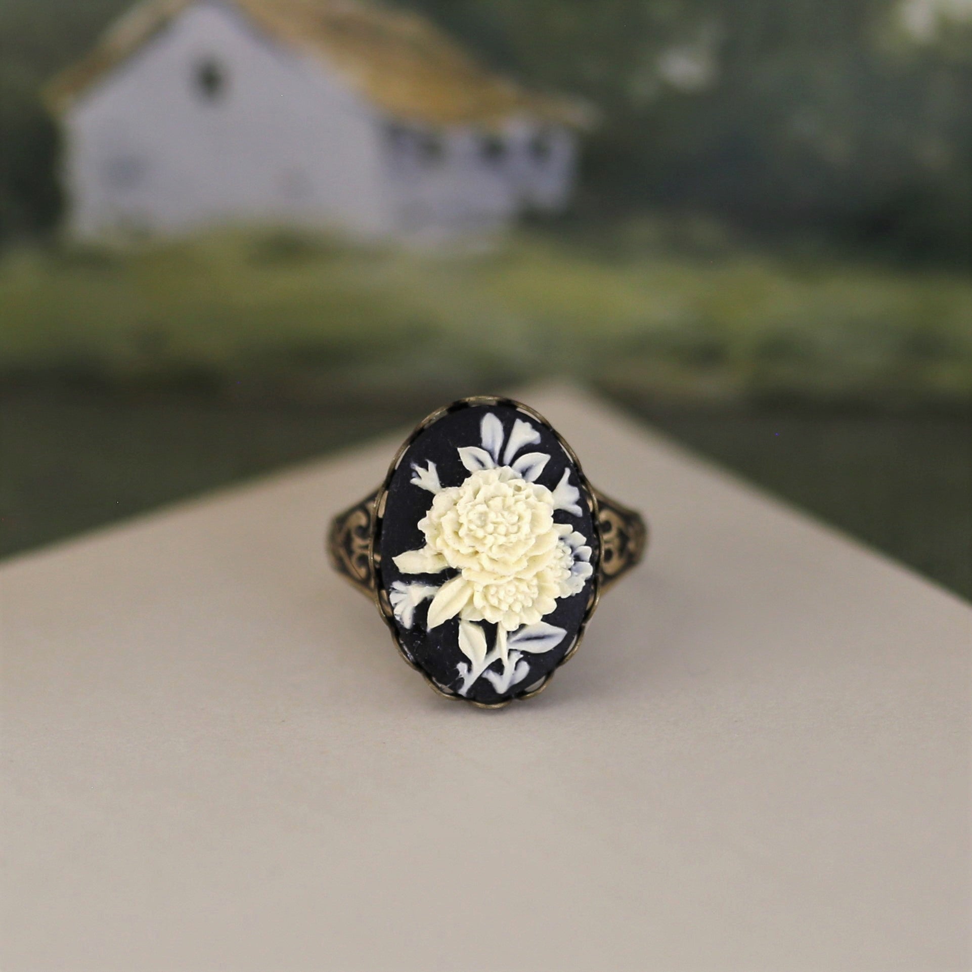 Bouquet Cameo Ring in Antiqued Brass or Silver  Choose a Color