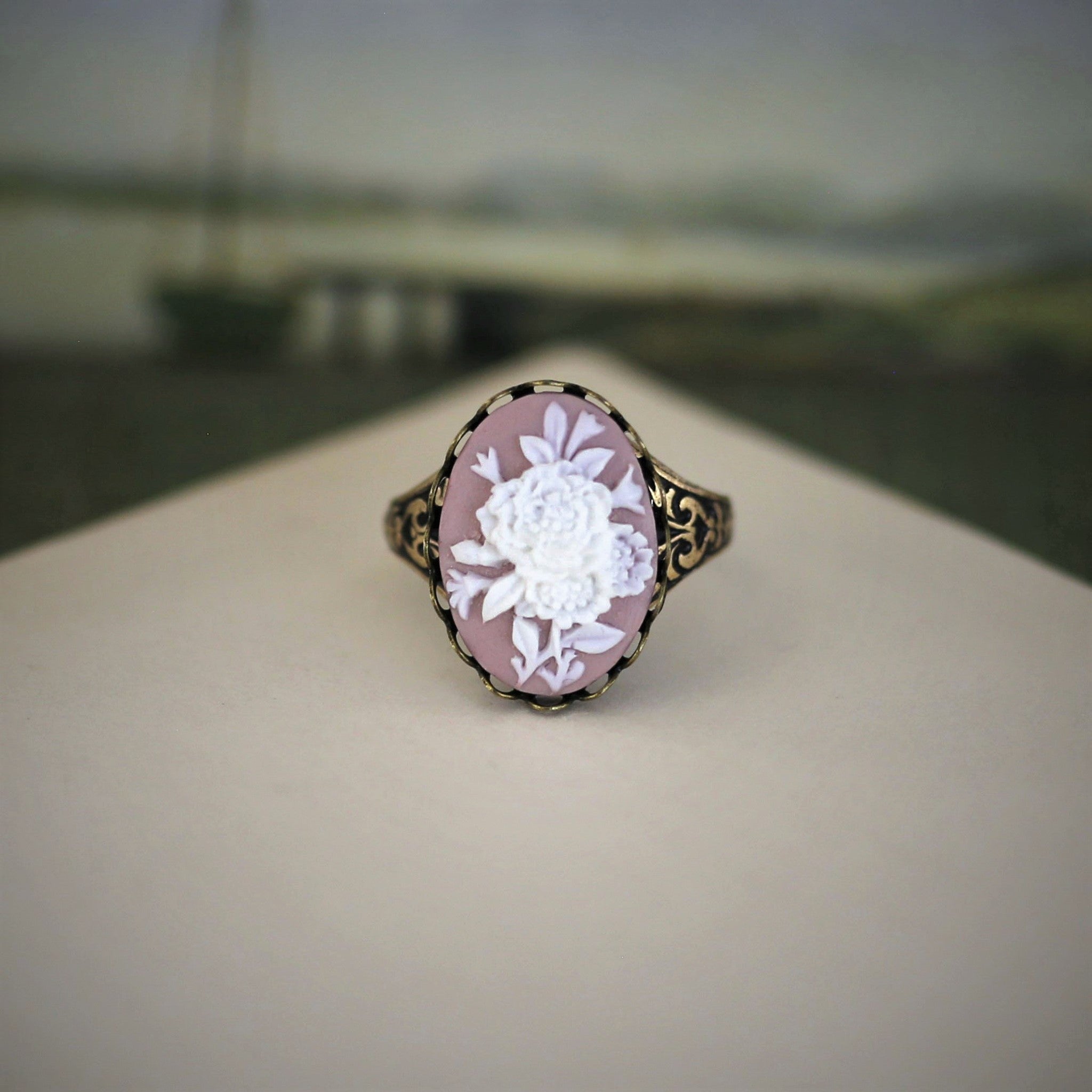 Bouquet Cameo Ring in Antiqued Brass or Silver  Choose a Color