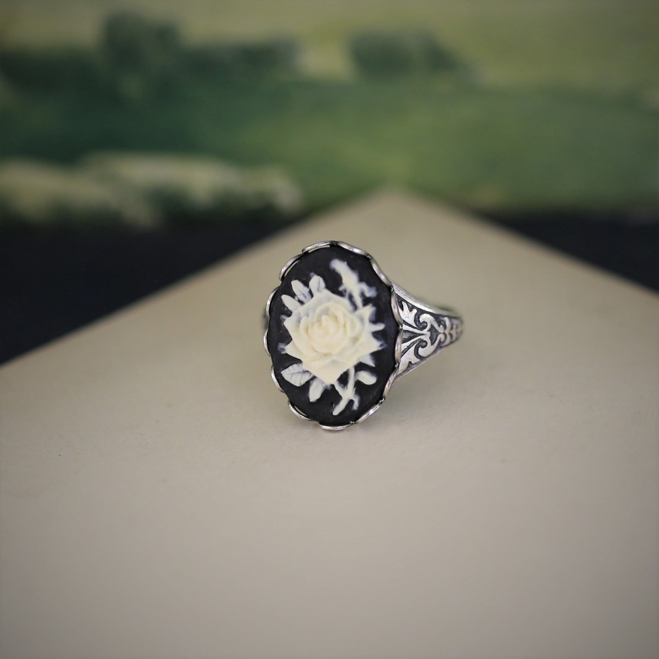 Black Rose Cameo Ring in Antique Brass or Silver