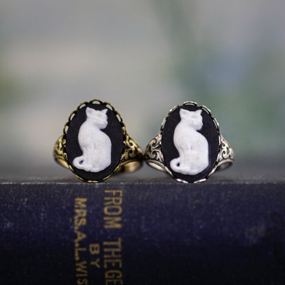 Cat Cameo Ring in Antiqued Brass or Silver