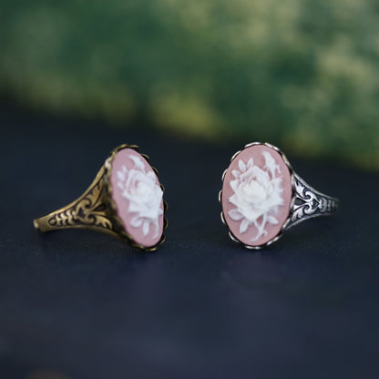 Pink Rose Cameo Ring in Antiqued Brass or Antiqued Silver