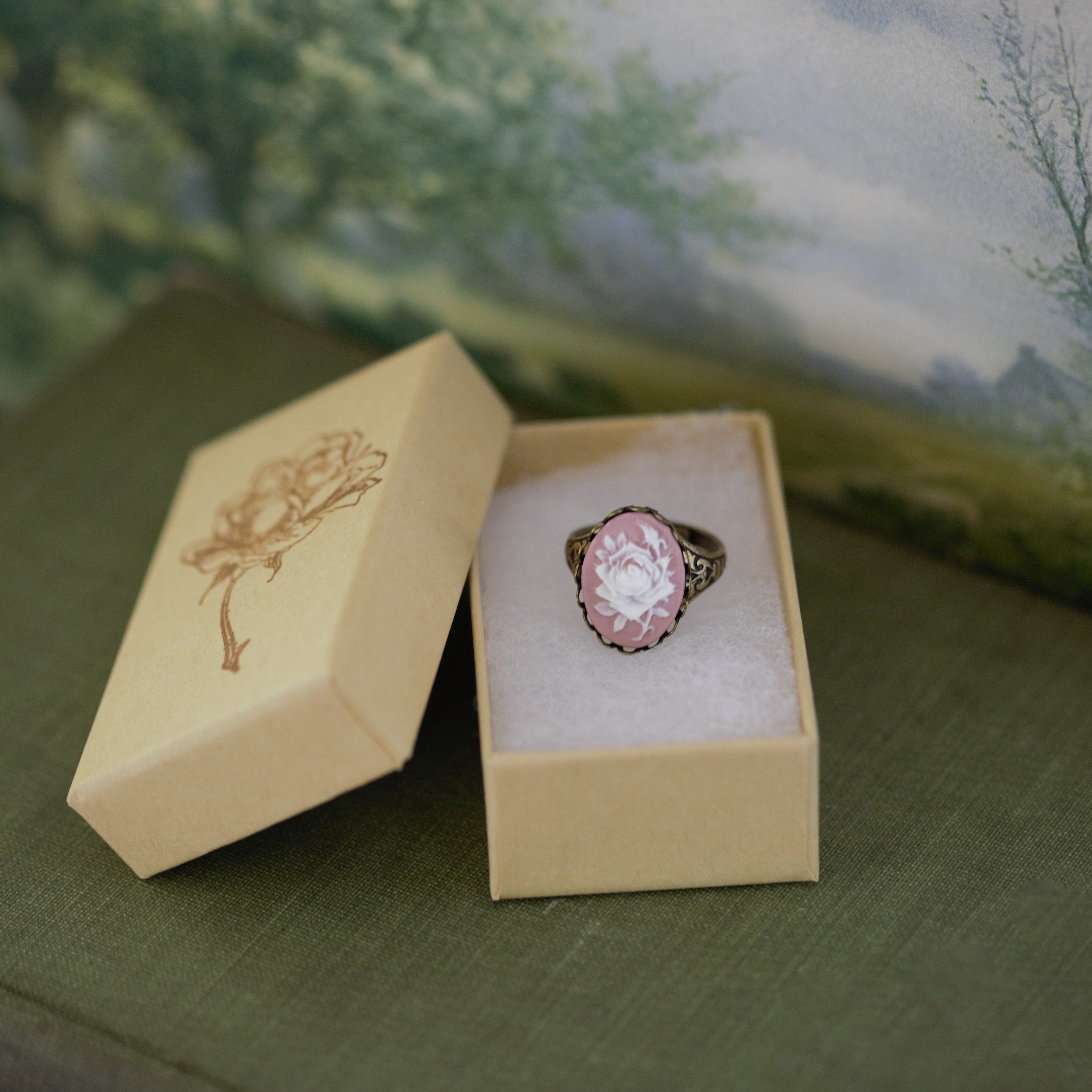 Pink Rose Cameo Ring in Antiqued Brass or Antiqued Silver