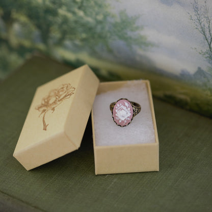 Pink Rose Cameo Ring in Antiqued Brass or Antiqued Silver