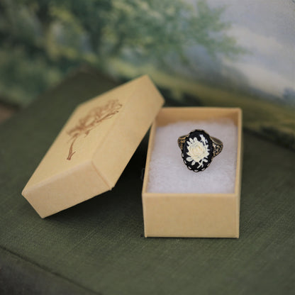 Black Rose Cameo Ring in Antique Brass or Silver