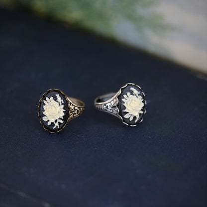 Black Rose Cameo Ring in Antique Brass or Silver