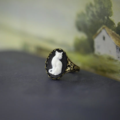 Cat Cameo Ring in Antiqued Brass or Silver