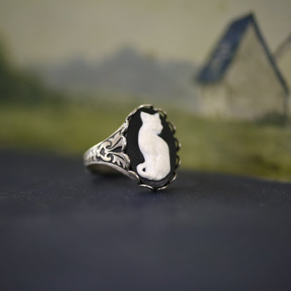 Cat Cameo Ring in Antiqued Brass or Silver