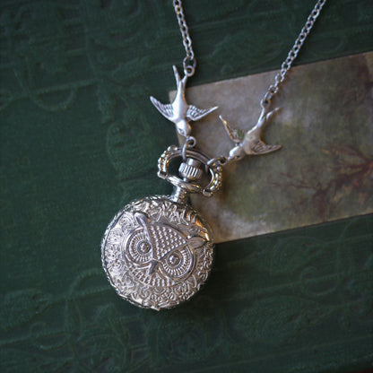 Small Silver Pocket Watch Necklace in Vintage Style Choose: Sun& Moons, Butterfly or Owl