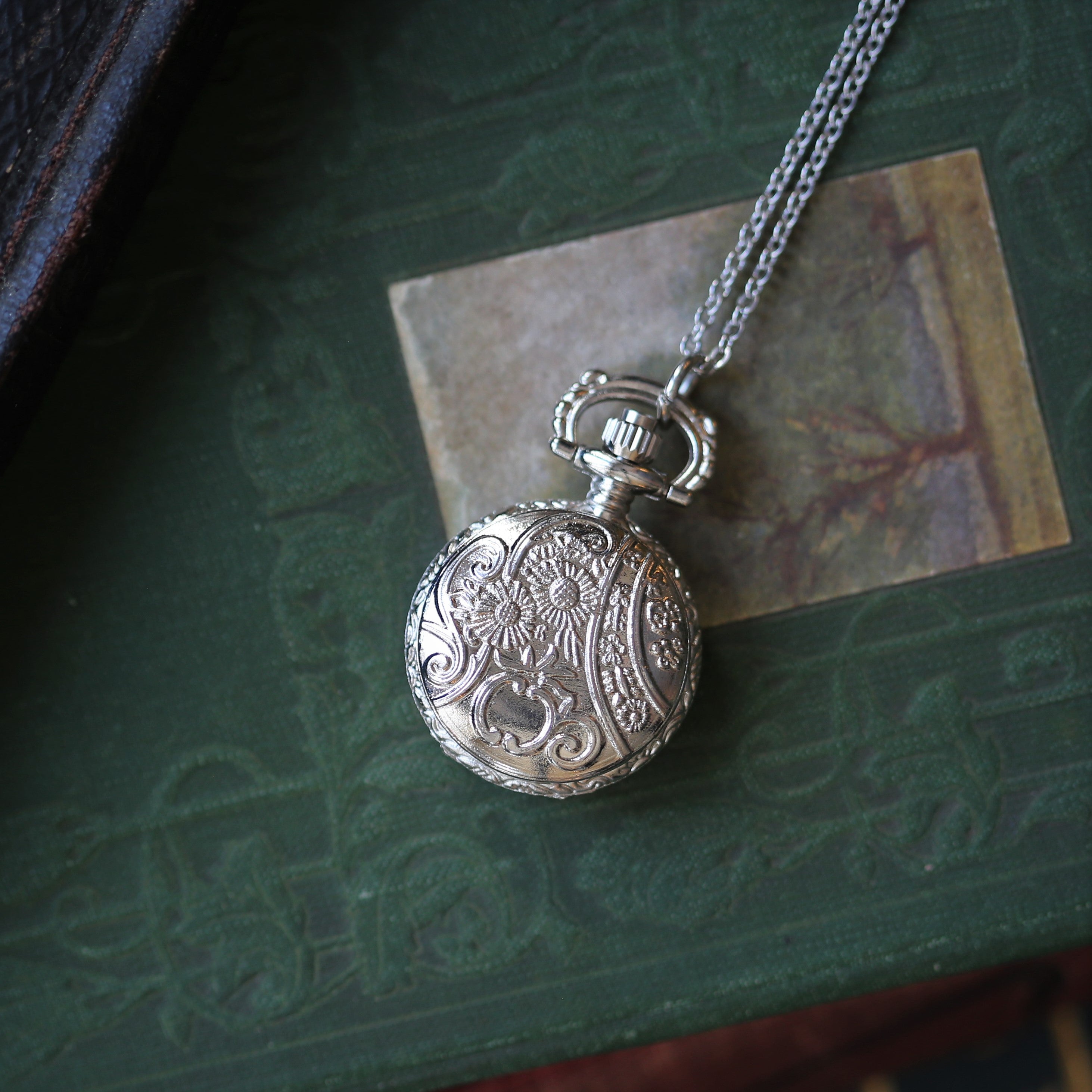 Small Silver Pocket Watch Necklace in Vintage Style Choose: Sun& Moons, Butterfly or Owl