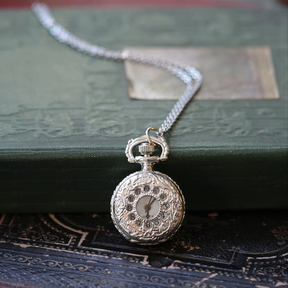 Small Silver Pocket Watch Necklace in Vintage Style Choose: Sun& Moons, Butterfly or Owl