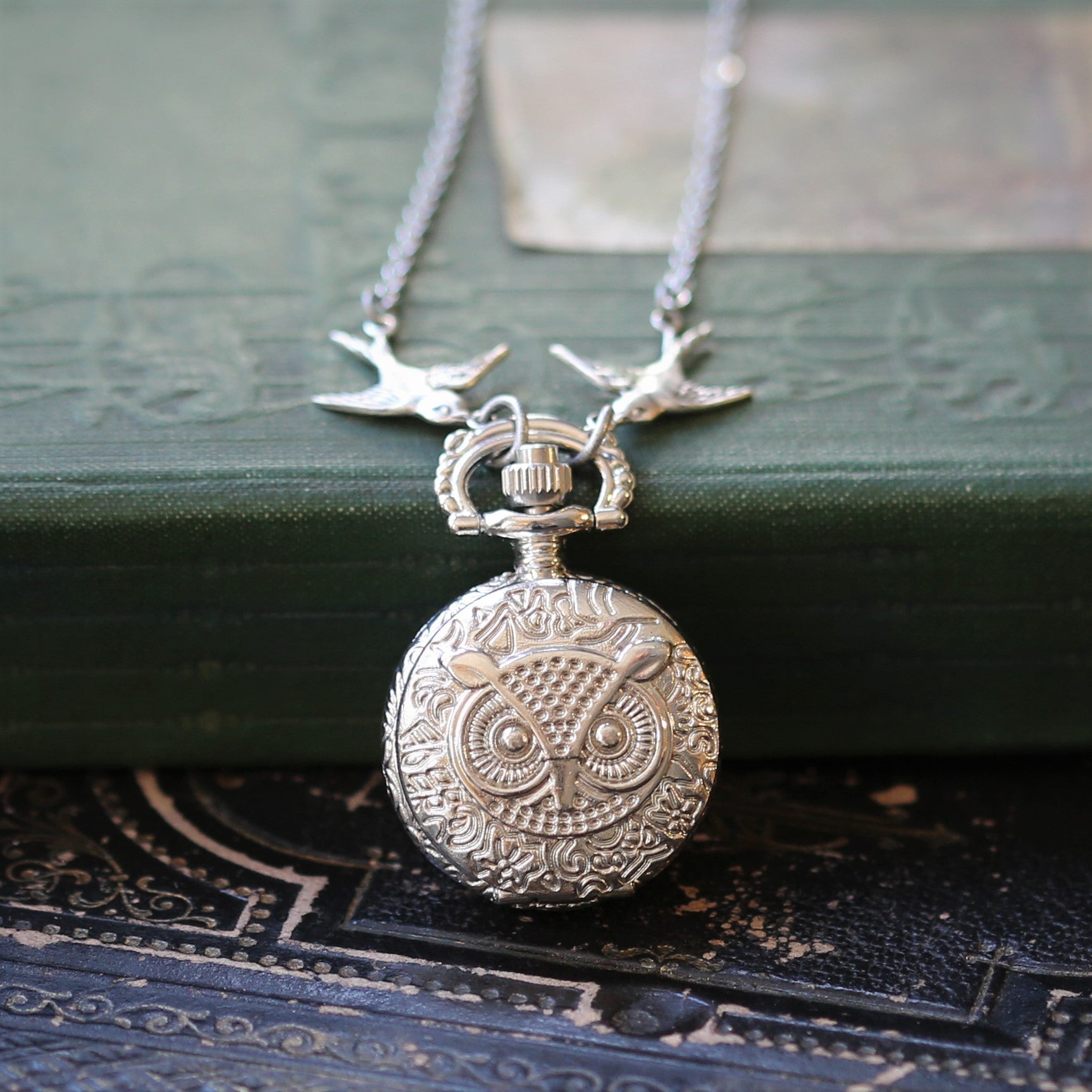 Small Silver Pocket Watch Necklace in Vintage Style Choose: Sun& Moons, Butterfly or Owl