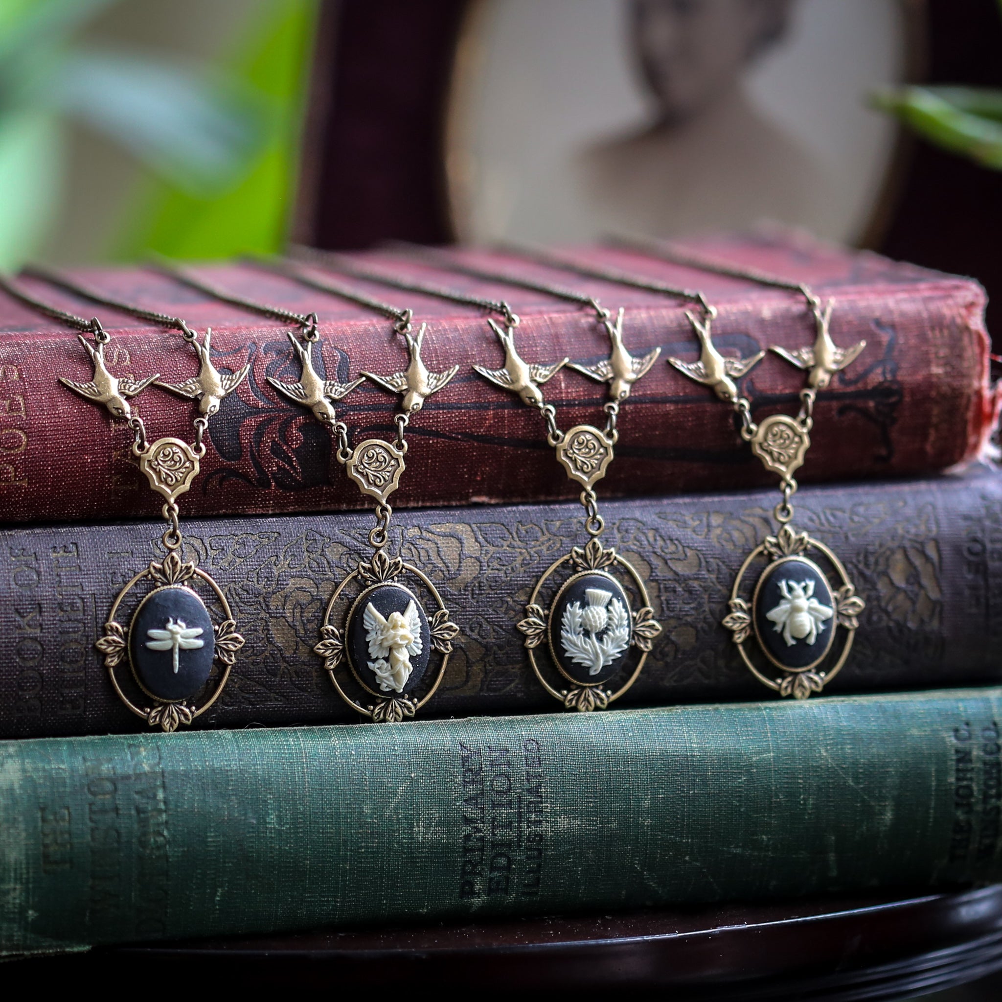 Victorian Cameo Necklaces with Birds - Pick From Dragonfly, Angel, Thistle, or Bee