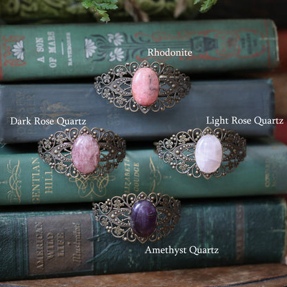 Stone Cuff Bracelet - Rose Quartz, Rhodonite or Amethyst Quartz