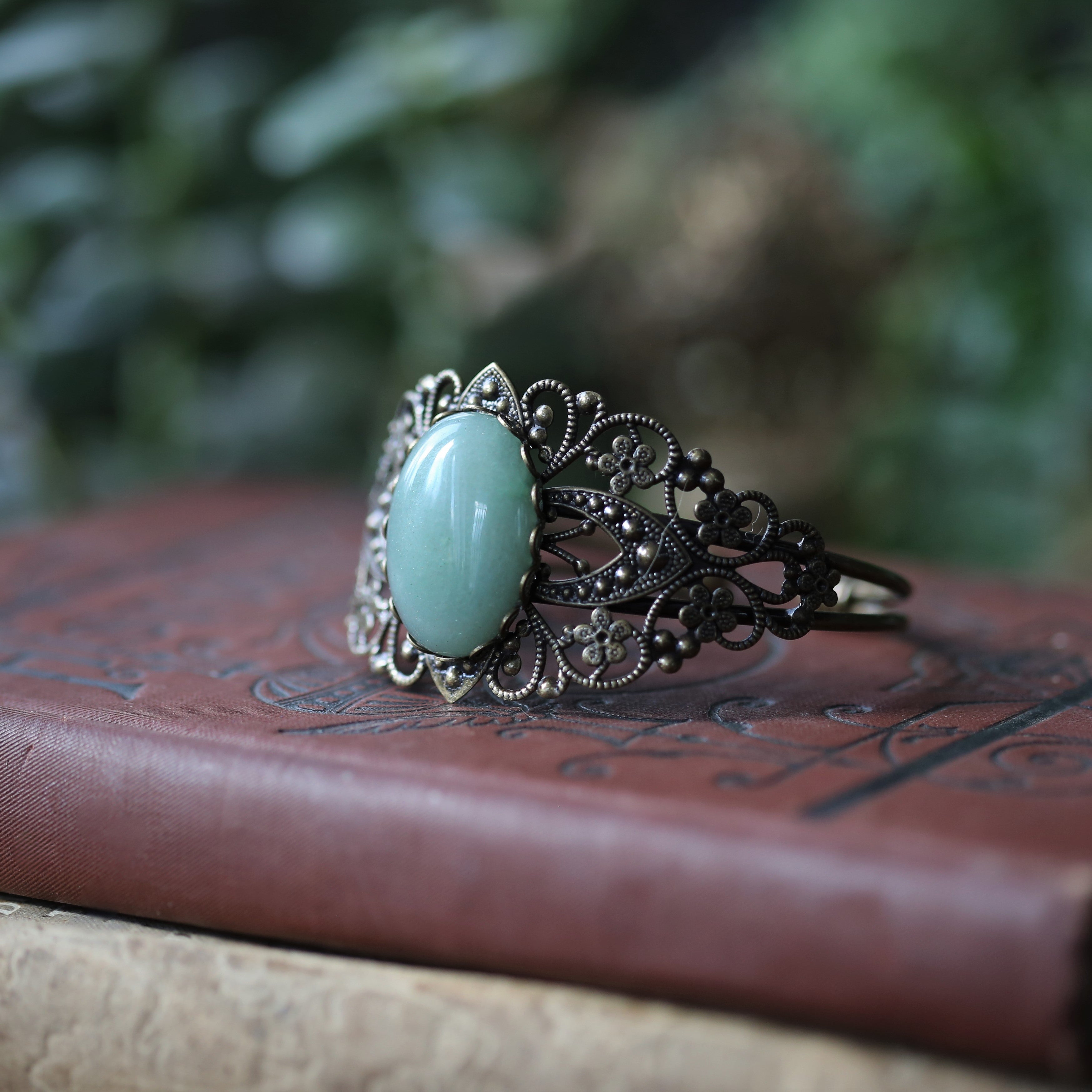 Antiqued brass adjustable vintage style bracelet cuff with oval aventurine stone by ragtrader vintage.