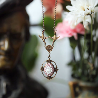 Victorian Flower Cameo Necklace- Brass and Black