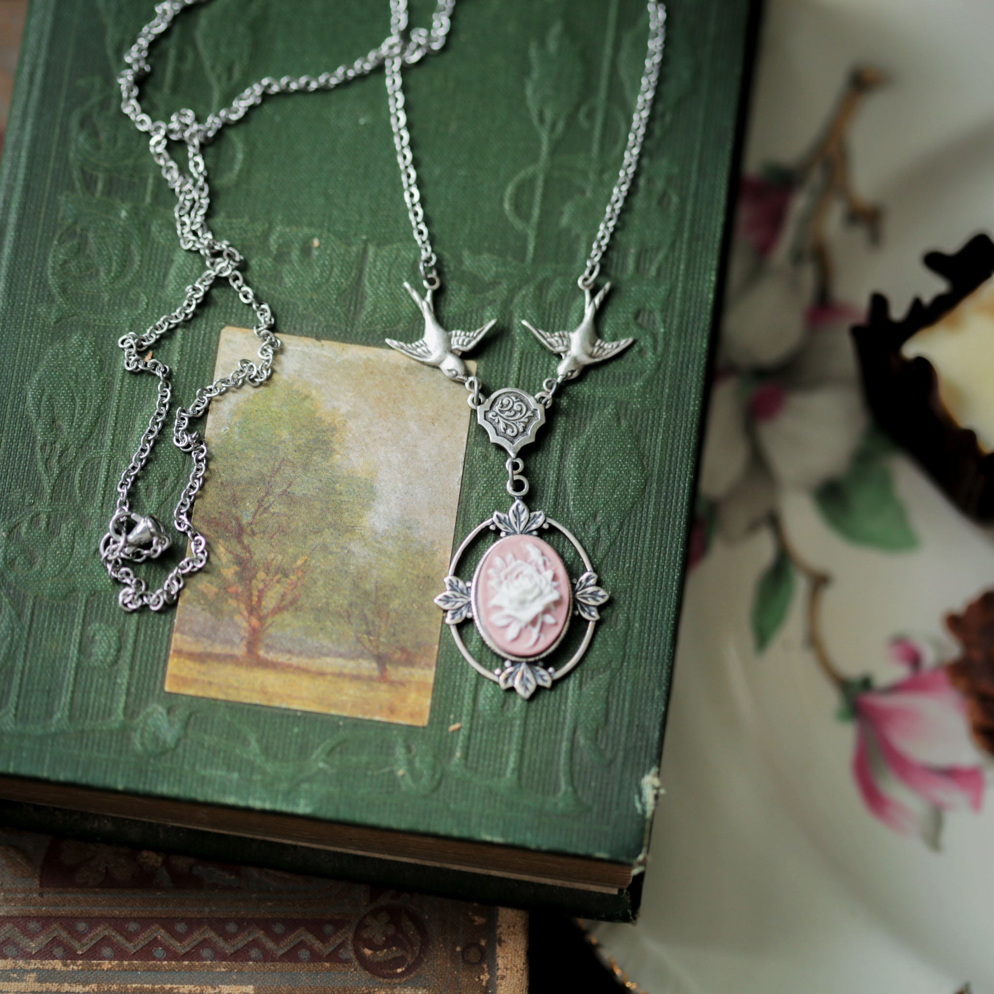 Victorian Flower Cameo Necklace- Brass and Black