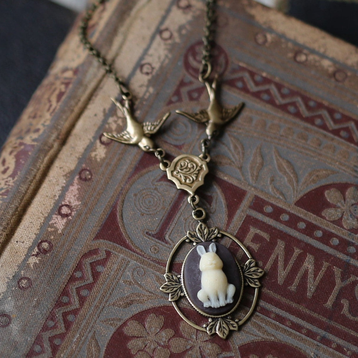 Rabbit or Cat Cameo Necklace with Birds