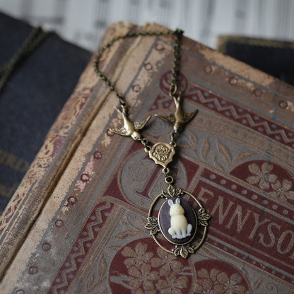 Rabbit or Cat Cameo Necklace with Birds