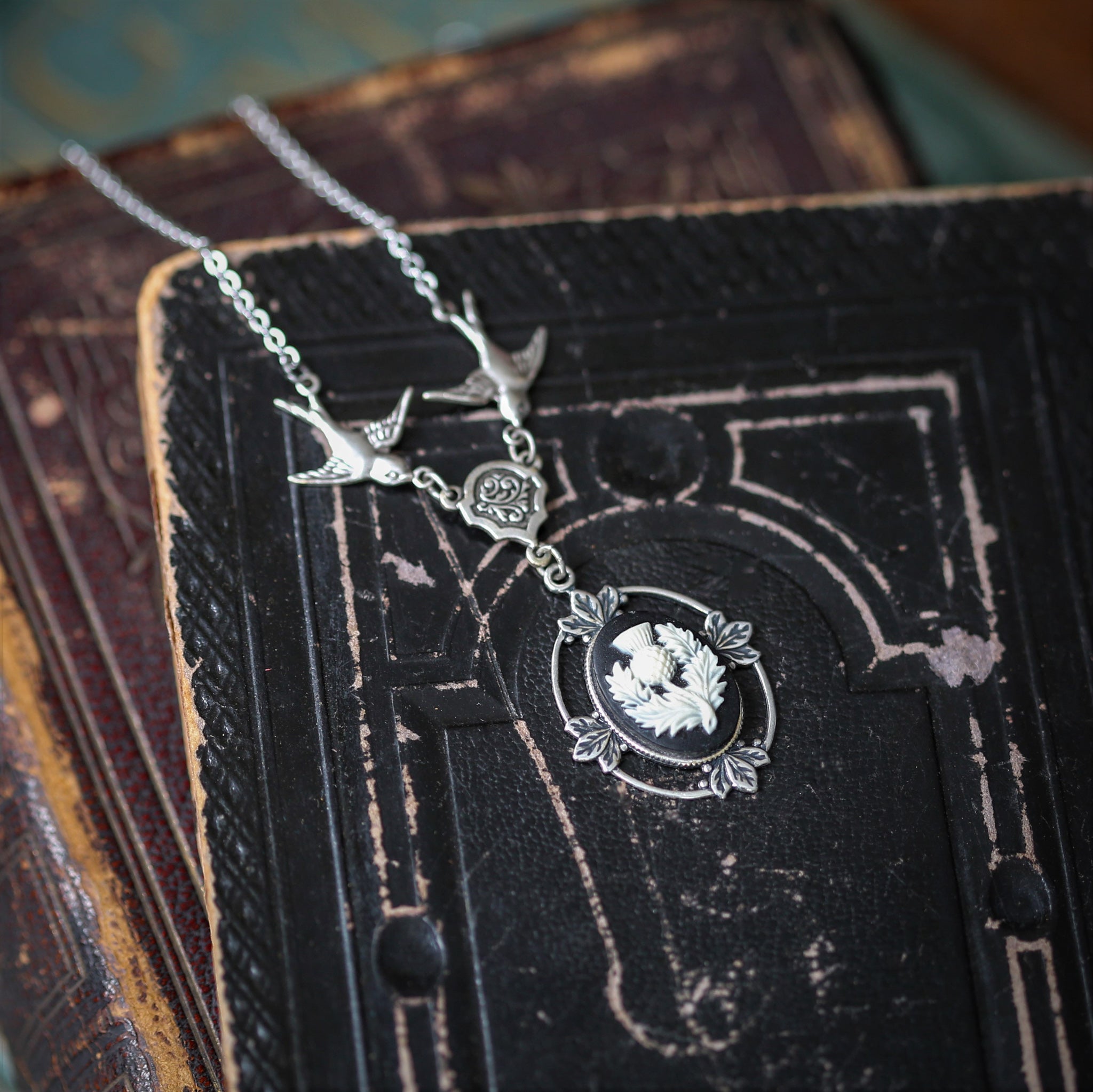 Victorian Cameo Necklaces with Birds - Pick From Dragonfly, Angel, Thistle, or Bee