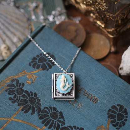 Mermaid Cameo Book Locket in Antique Brass or Silver