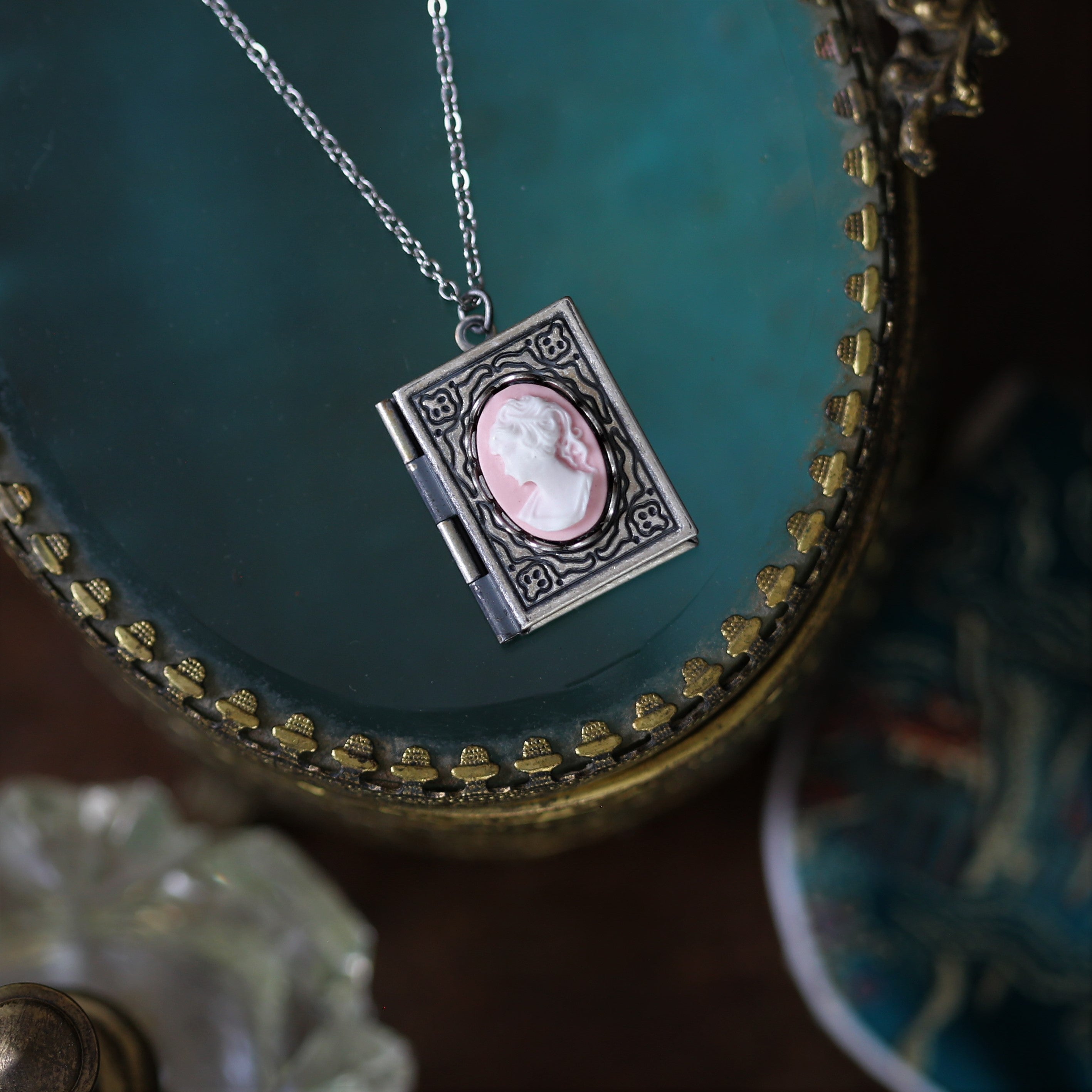 Cameo Book Locket in Antique Silver - Womens Profile