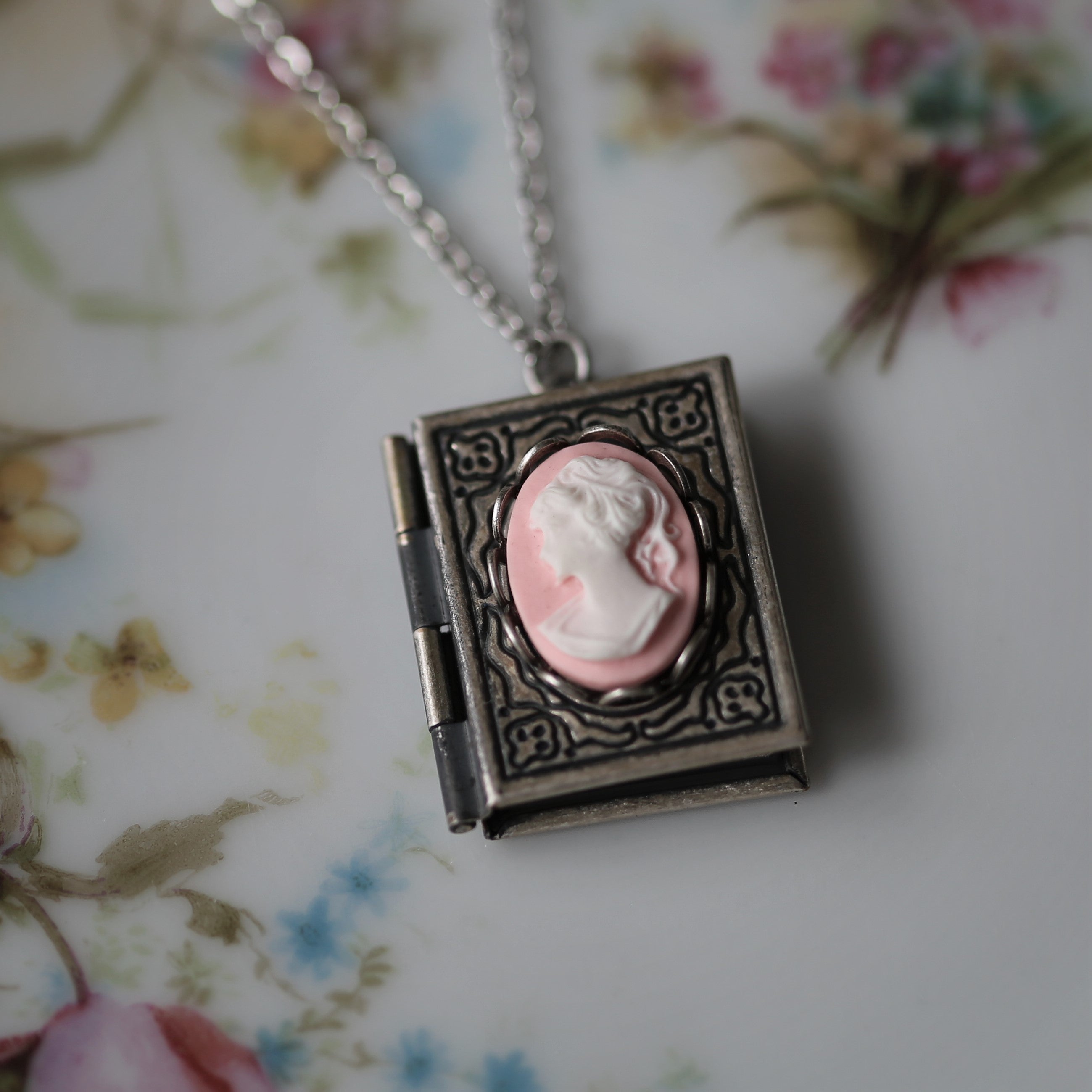 Cameo Book Locket in Antique Silver - Womens Profile