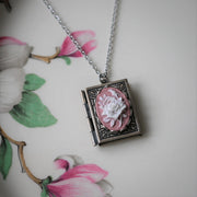 Cameo Rose Book Locket in Antique Silver - Choose Pink Blue Green Red or Black