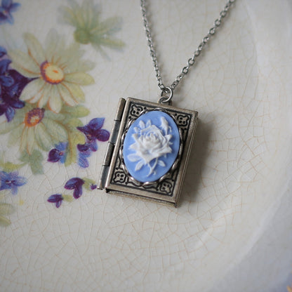 Cameo Rose Book Locket in Antique Silver - Choose Pink Blue Green Red or Black