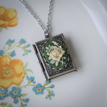 Cameo Rose Book Locket in Antique Silver - Choose Pink Blue Green Red or Black