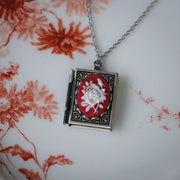 Cameo Rose Book Locket in Antique Silver - Choose Pink Blue Green Red or Black