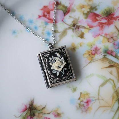 Cameo Rose Book Locket in Antique Silver - Choose Pink Blue Green Red or Black