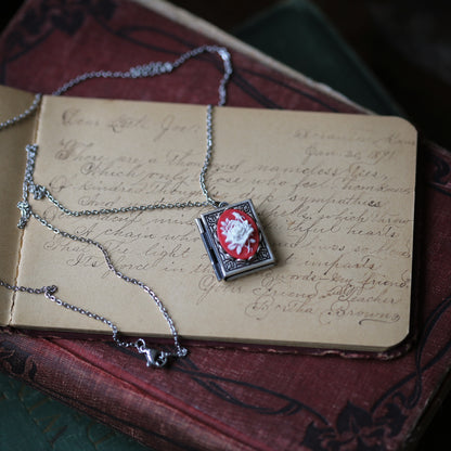 Cameo Rose Book Locket in Antique Silver - Choose Pink Blue Green Red or Black