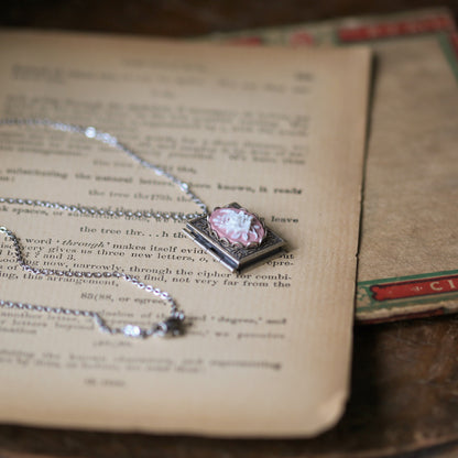 Cameo Rose Book Locket in Antique Silver - Choose Pink Blue Green Red or Black