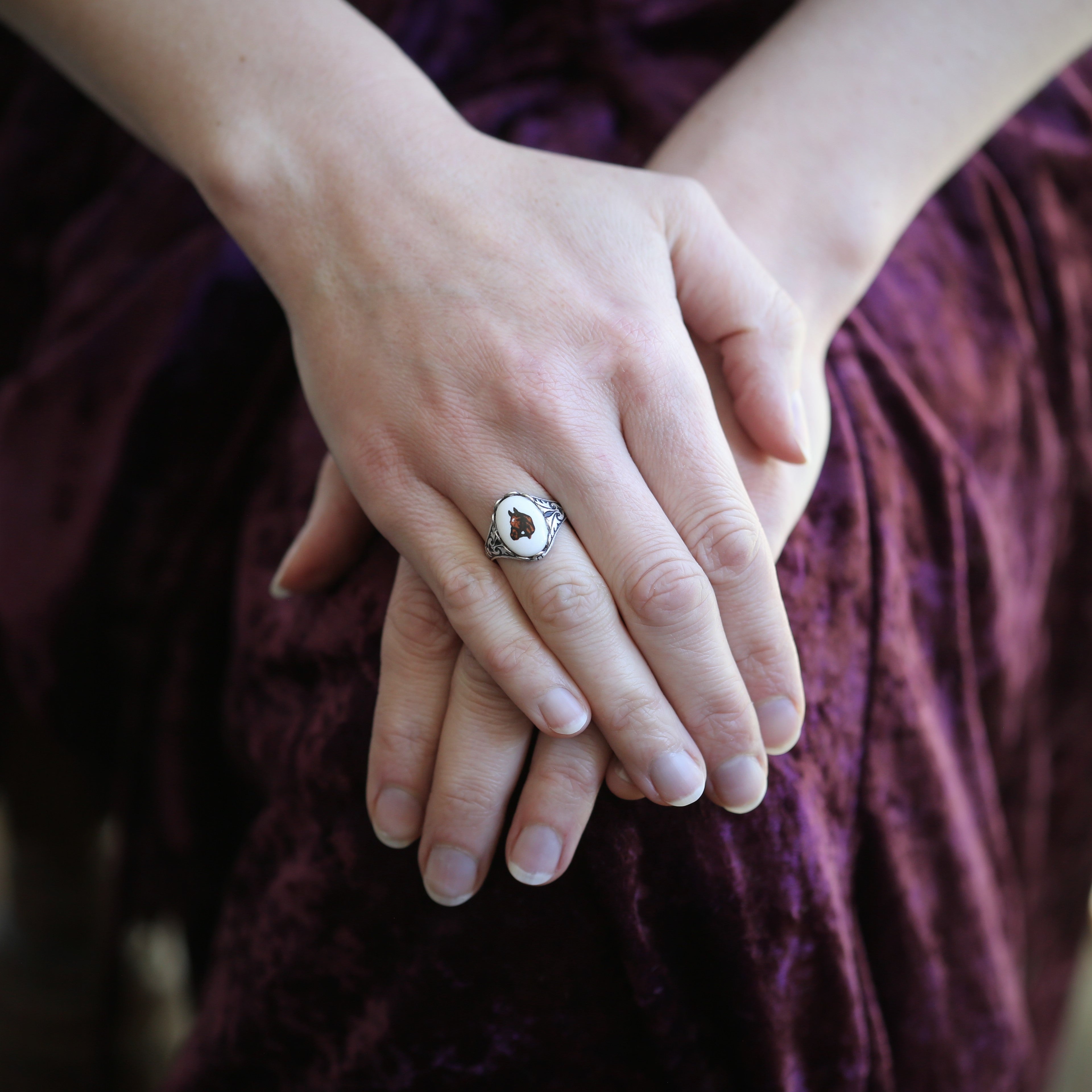 Vintage Horse Cameo Ring in Antiqued Sterling Plate or Antiqued Brass