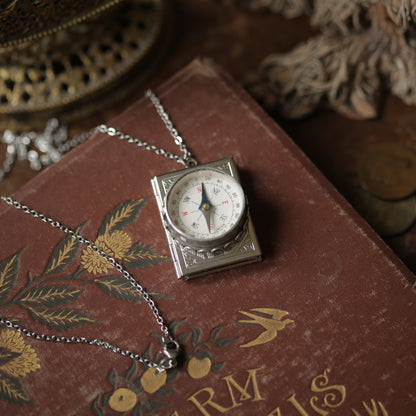 Compass Book Locket in Antiqued Silver Plate Vintage Style