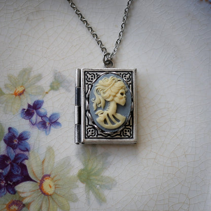 Cameo Book Locket in Antique Silver - Elegant Skeleton Zombie Woman