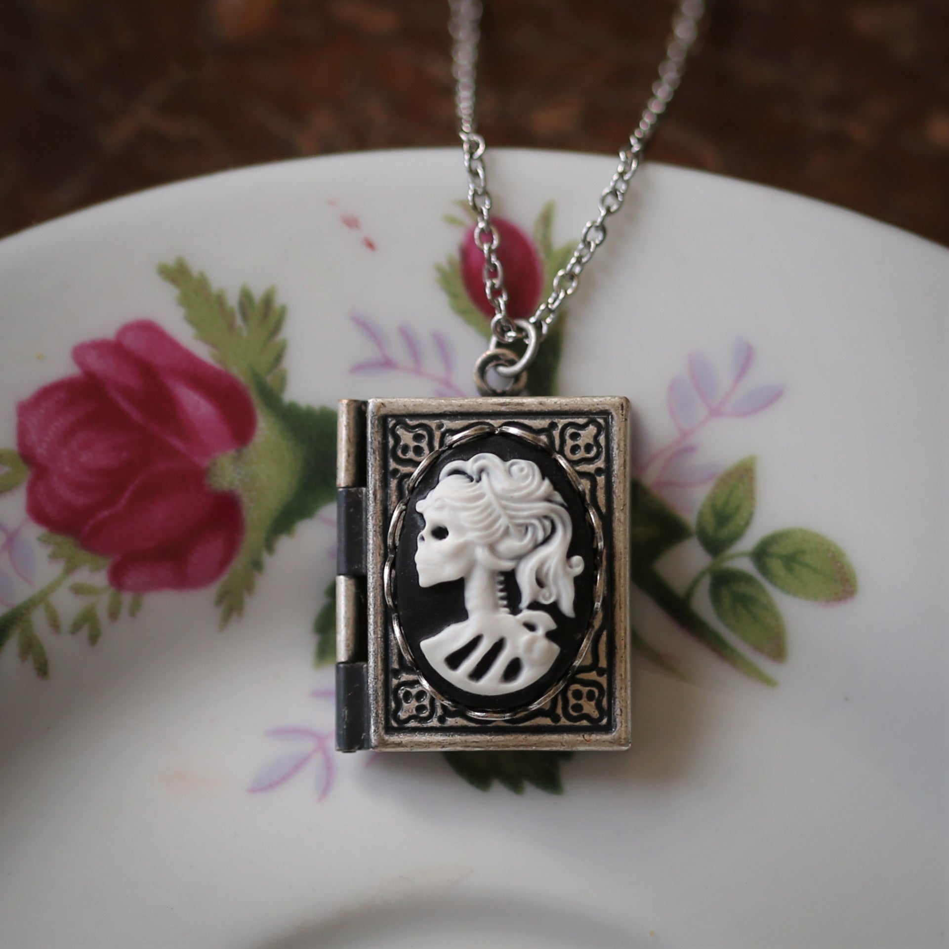 Cameo Book Locket in Antique Silver - Elegant Skeleton Zombie Woman