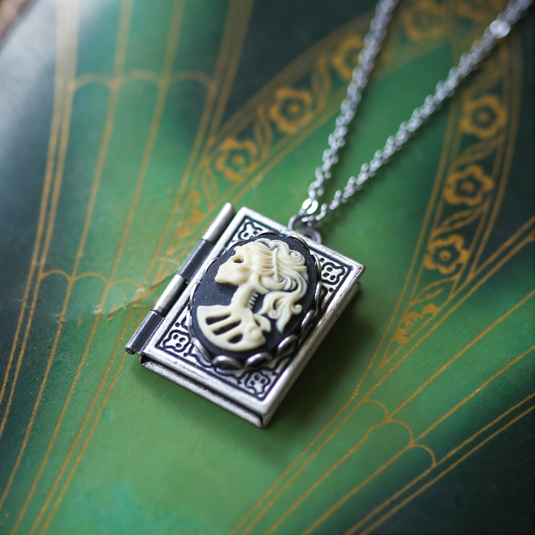 Cameo Book Locket in Antique Silver - Elegant Skeleton Zombie Woman