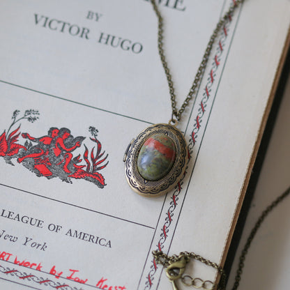 Vintage Locket in Aventurine, Tree Agate, Unakite, or Serpentine