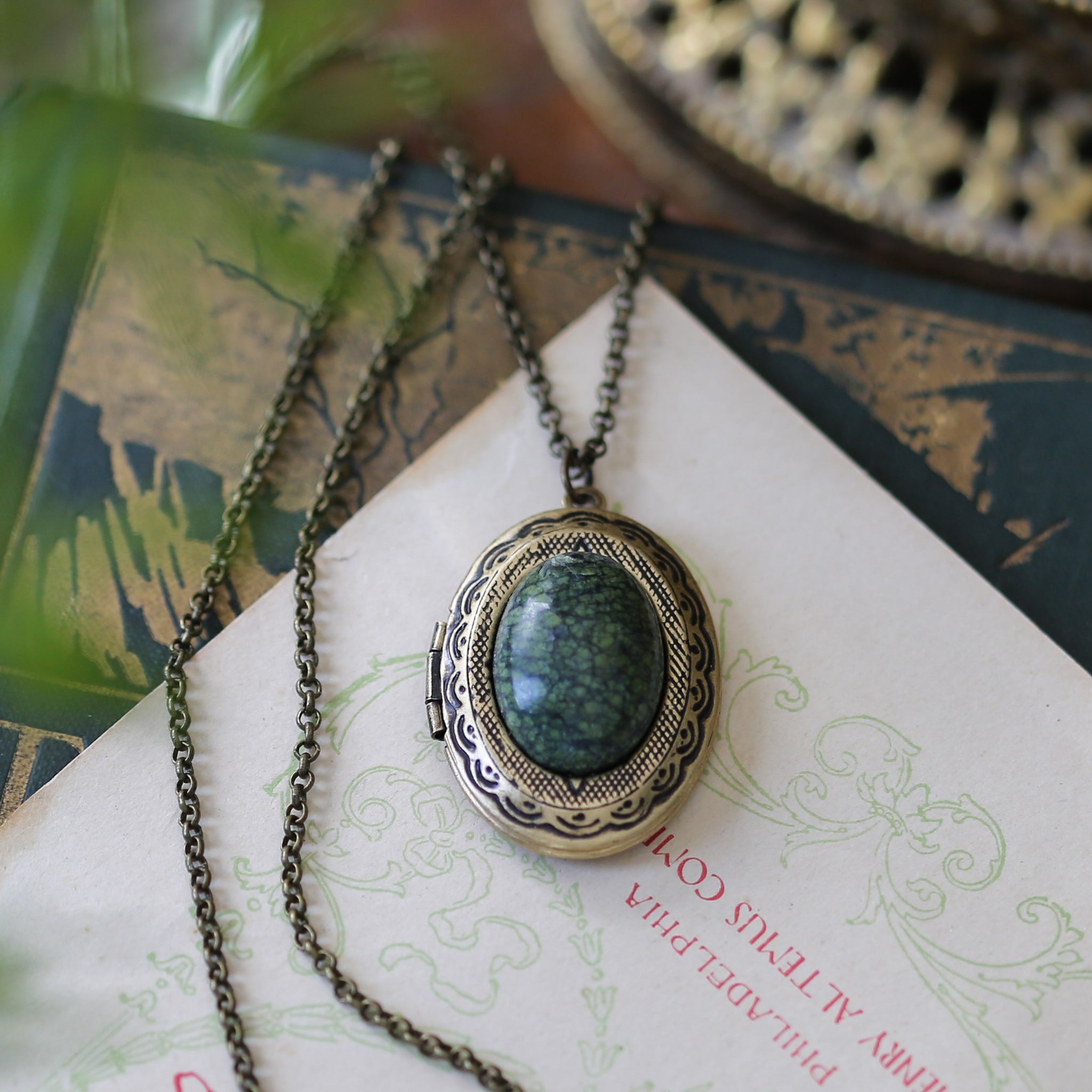 Vintage Locket in Aventurine, Tree Agate, Unakite, or Serpentine