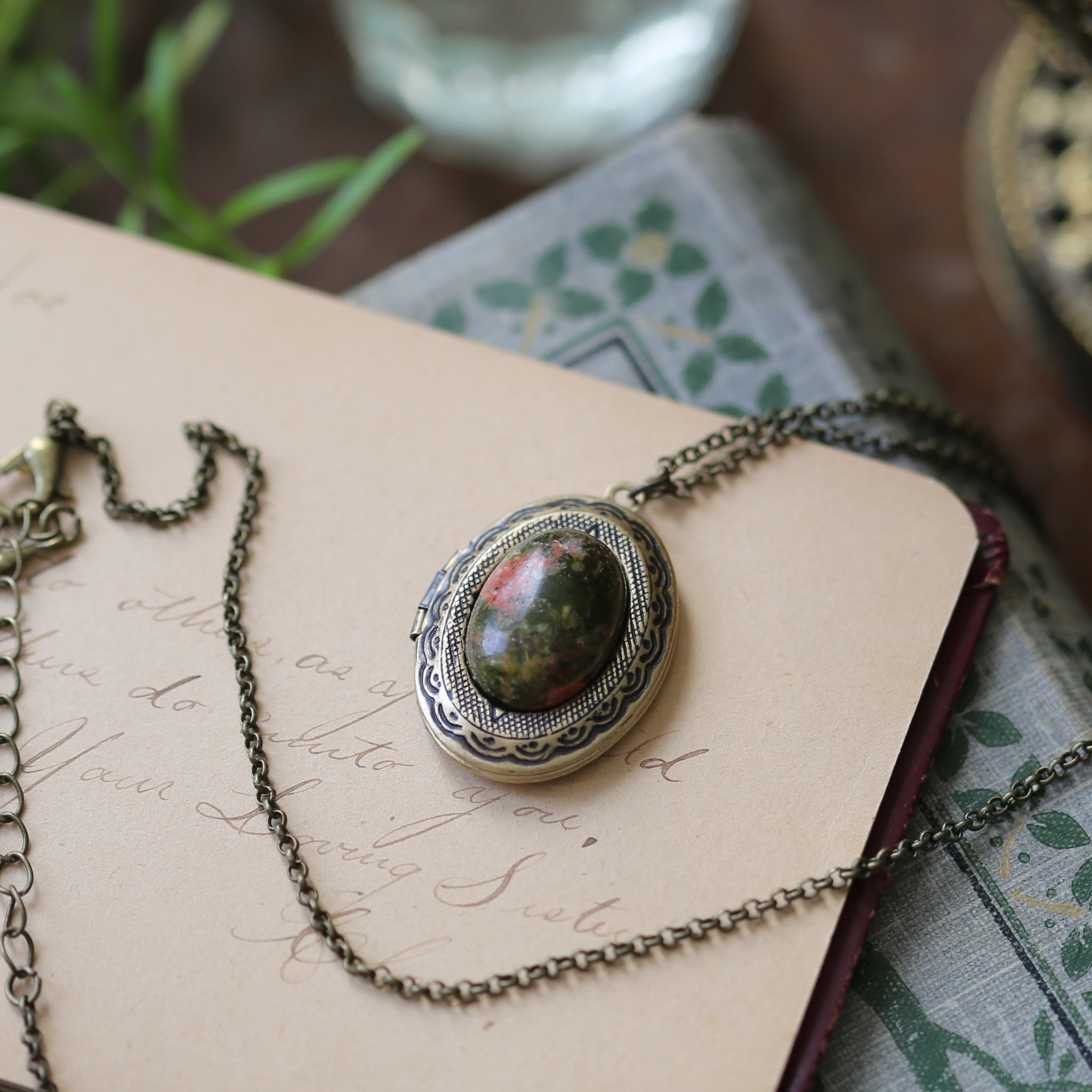 Vintage Locket in Aventurine, Tree Agate, Unakite, or Serpentine