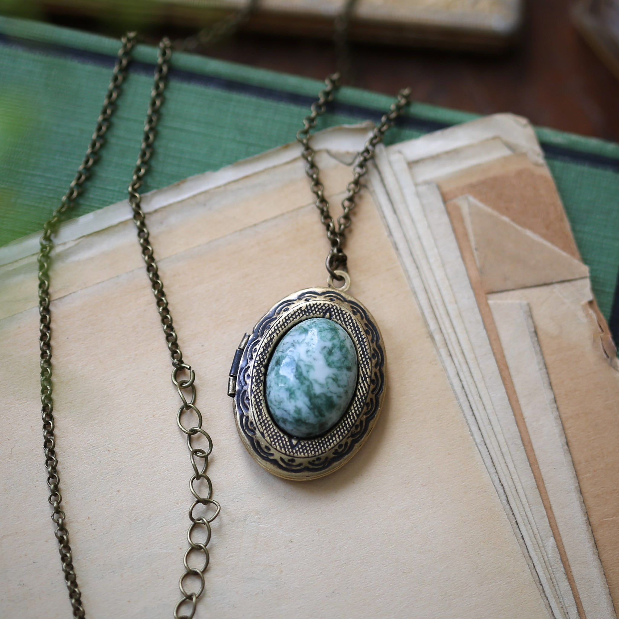 Vintage Locket in Aventurine, Tree Agate, Unakite, or Serpentine