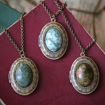 Vintage Locket in Aventurine, Tree Agate, Unakite, or Serpentine